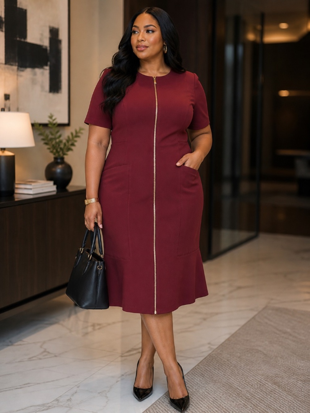 Lafayette 148 New York Burgundy Zip Front A-Line Dress Size 16